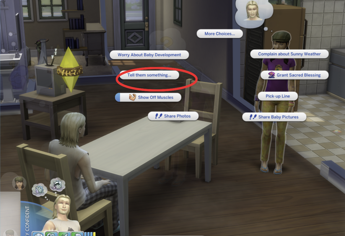 Sims 4 pie menu with the "Tell them something..." option highlighted