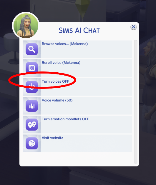Sims AI Chat dialog with the "Turn voices OFF" row circled in red