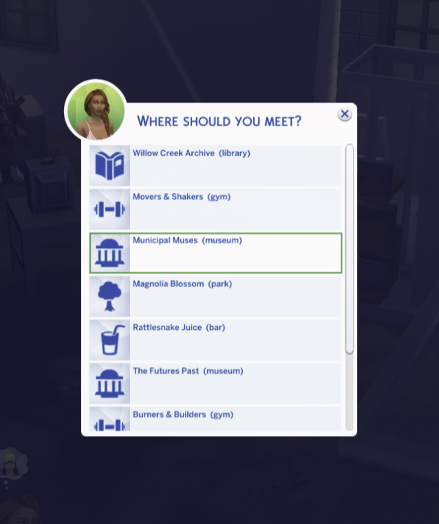 Where should you meet? venue picker listing a library, gym, museum, park, and bar