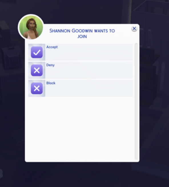 Join request dialog: another player wants to join, with Accept, Deny, and Block options