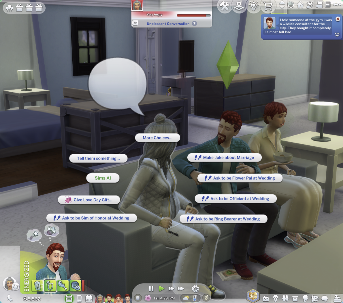 Sims from different players hanging out together in-world with the directed-chat pie menu open