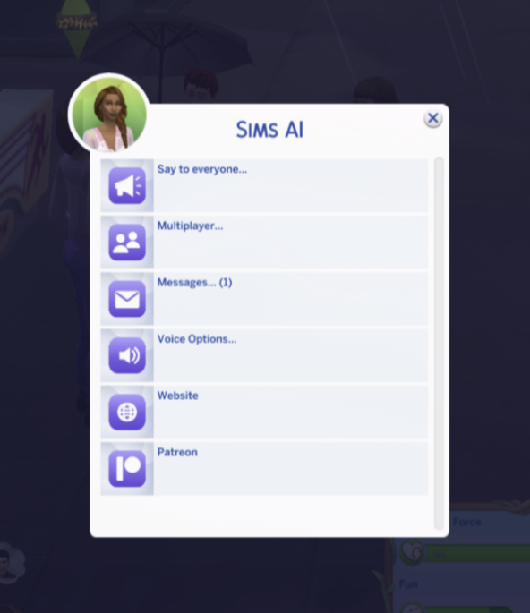 Sims AI Chat menu with a Messages entry showing an unread count of one